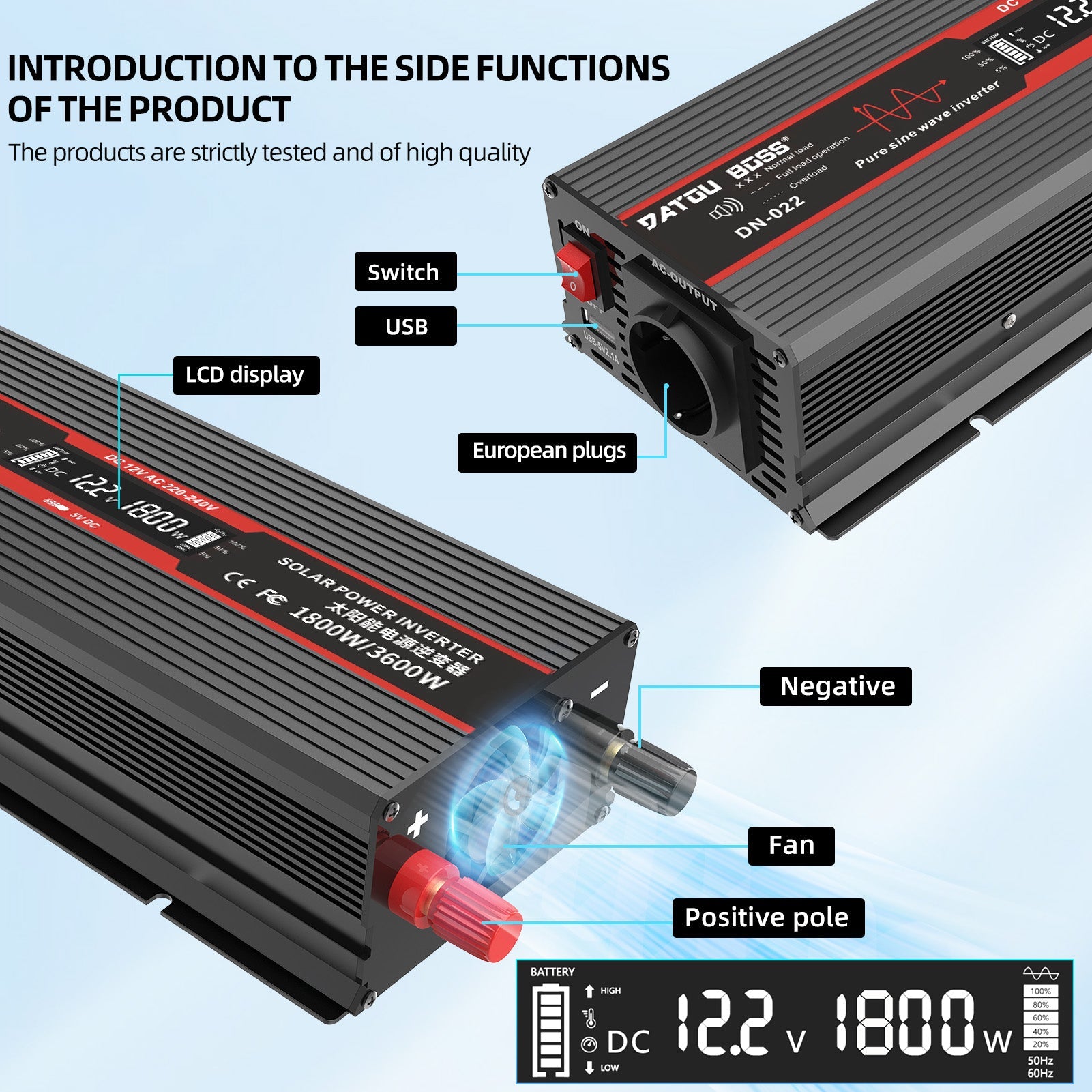 DATOUBOSS 12V 300Ah LiFePO4 Lithium Battery with 200A BMS + 1800W Pure Sine Wave Inverter 12V to 230V AC, 3600W Peak, EU Sockets, USB Ports & LED Display, Solar Deep Cycle Power System for RV, Car, Caravan, Truck & Off - Grid Home - DATOUBOSS Rechargeable Lifepo4 Batteries Voltage Converters InverterSP-DT-DNB1800W-12V-12V300A-A01-EU