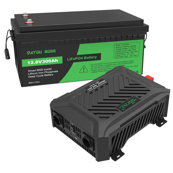 DATOUBOSS 12V 300Ah LiFePO4 Lithium Battery with 200A BMS + 2000W Dual Voltage Pure Sine Wave Inverter 12V/24V to 230V AC, 4000W Peak, Intelligent Protection, LCD Display, Dual EU Sockets, Solar Deep Cycle Power System for Home, RV & Off - Grid Use - DATOUBOSS Rechargeable Lifepo4 Batteries Voltage Converters InverterSP-DT-TY-PSWE2000W-12V300A-A01-EU