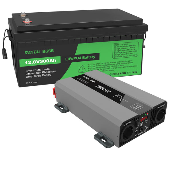 DATOUBOSS 12V 300Ah LiFePO4 Lithium Battery with 200A BMS + 2000W Pure Sine Wave Inverter 12V to 230V AC, 4000W Peak, EU Sockets, USB & USB - C, Solar Deep Cycle Power System for RV, Car, Caravan & Off - Grid Home - DATOUBOSS Rechargeable Lifepo4 Batteries Voltage Converters InverterSP-DT-SAK2000W-12V-12V300A-A01-EU