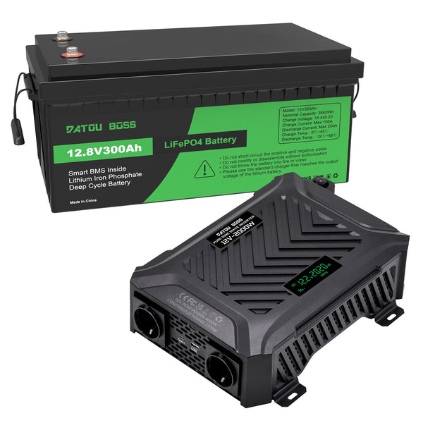 DATOUBOSS 12V 300Ah LiFePO4 Lithium Battery with 200A BMS + 2000W Pure Sine Wave Inverter 12V to 230V AC, 4000W Peak, Intelligent Protection, LCD Display, Dual EU Sockets, Solar Deep Cycle Backup Power System for Camping, RV & Emergency Use - DATOUBOSS Rechargeable Lifepo4 Batteries Voltage Converters InverterSP-DT-PSWE2000W-12V-12V300A-A01-EU