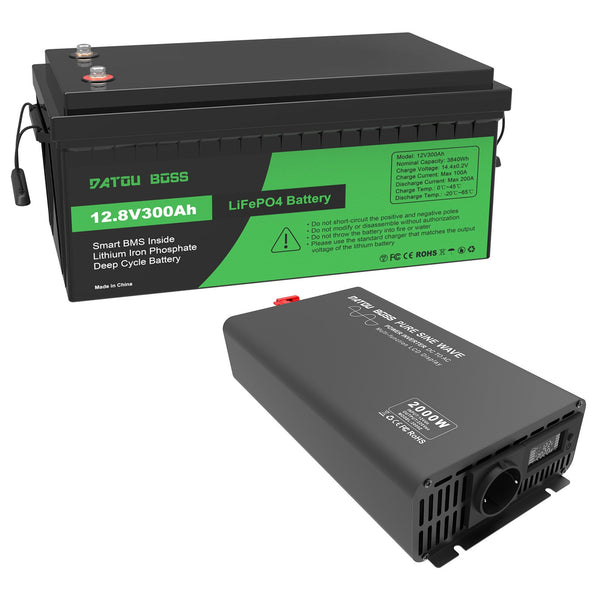 DATOUBOSS 12V 300Ah LiFePO4 Lithium Battery with 200A BMS + 2000W Pure Sine Wave Inverter 12V to 230V AC, 4000W Peak, LCD Display & Radio Remote Control, EU Socket, Solar Backup Power System for Emergency, Outdoor Work & Off - Grid Home - DATOUBOSS Rechargeable Lifepo4 Batteries Voltage Converters InverterSP-DT-YLRX2000W-12V-12V300A-A01-EU