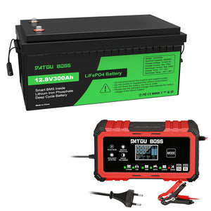 DATOUBOSS 12.8V 300Ah LiFePO4 battery and smart charger kit, 3840Wh energy storage for RV, Marine, and Solar