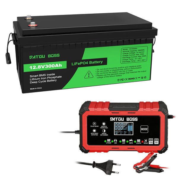 DATOUBOSS 12.8V 300Ah LiFePO4 battery and smart charger kit, 3840Wh energy storage for RV, Marine, and Solar