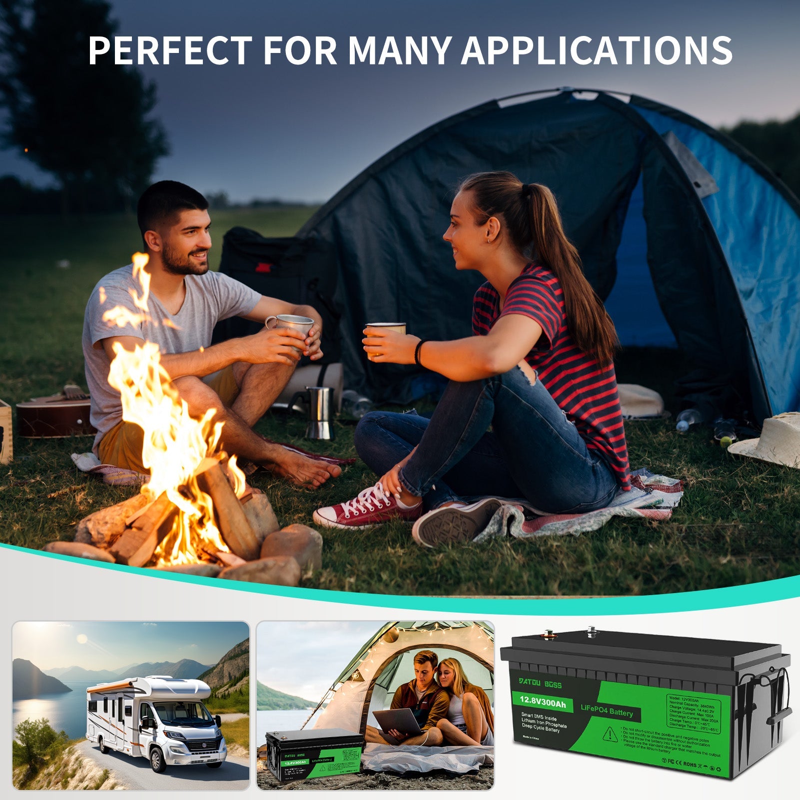 DATOUBOSS 12V 300Ah LiFePO4 battery for camping, RV, and outdoor applications with deep cycle power