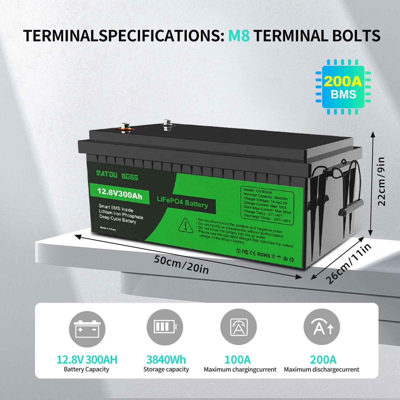 DATOUBOSS 12.8V 300Ah battery with 3840Wh capacity and compact dimensions of 50x26x22 cm for easy installation