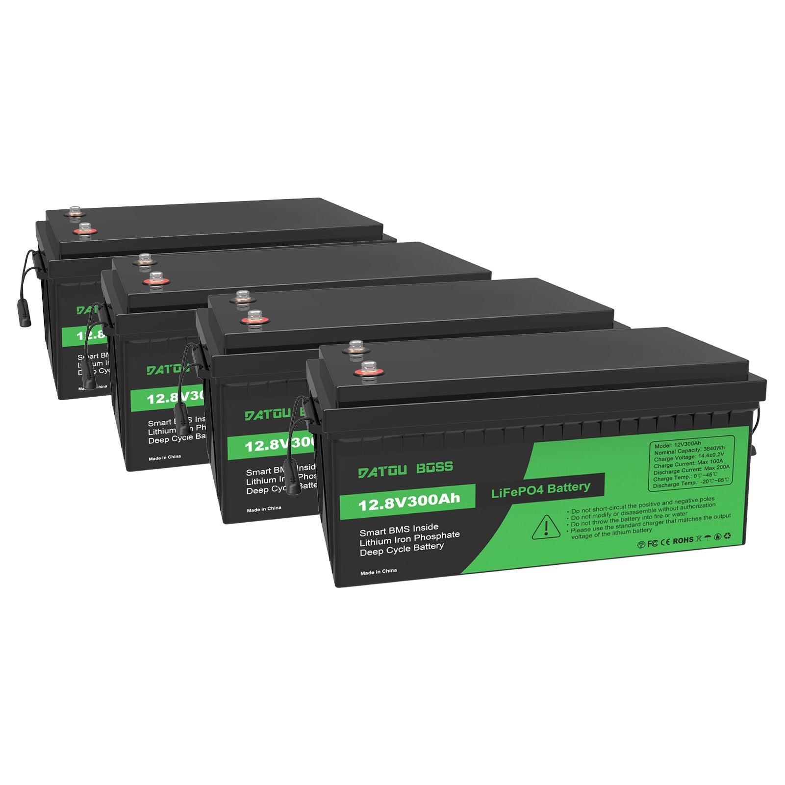 DATOUBOSS 12.8V 300Ah LiFePO4 battery pack of 4, 15.36kWh total energy for whole-home energy storage