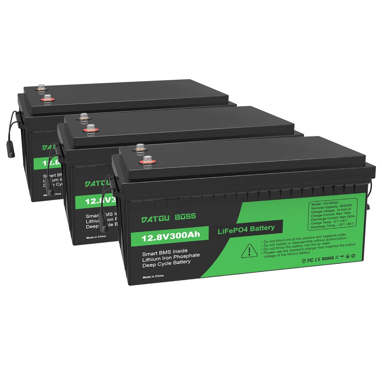 DATOUBOSS 12.8V 300Ah LiFePO4 battery pack of 3, expandable to 11.5kWh high-capacity energy storage system