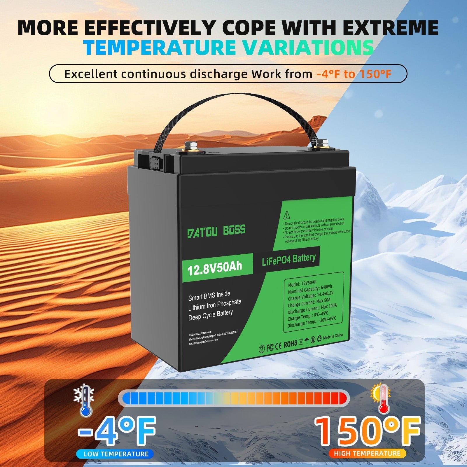 DATOUBOSS 12.8V 50Ah LiFePO4 battery, -4°F to 150°F extreme temperature power for winter camping and kayak electronics
