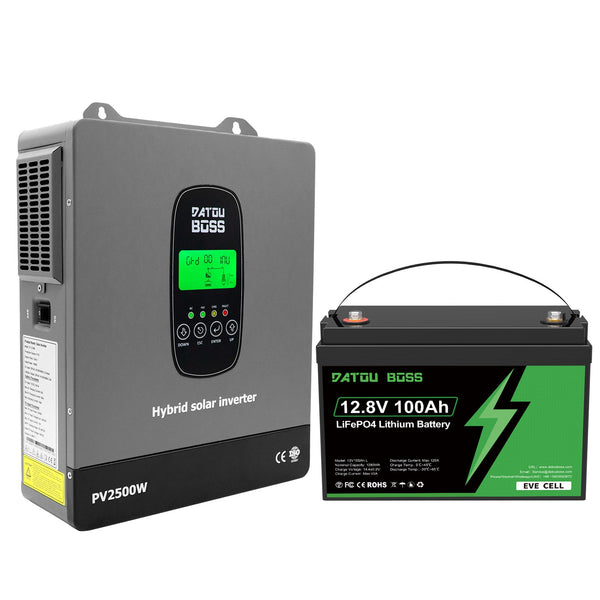 DATOUBOSS 12VDC–230VAC 1800W 1.28kWh 100Ah Power Kit Hybrid Inverter with Built - in MPPT Controller & 12V 100Ah LiFePO4 Battery (EVE Cells) Smart BMS Protection High Efficiency for Home Energy Storage RV Outdoor Camping Off - Grid Cabin Backup Power System - DATOUBOSS Rechargeable Lifepo4 Batteries Voltage Converters InverterSP-DT-1218M-12V100A-L-EU
