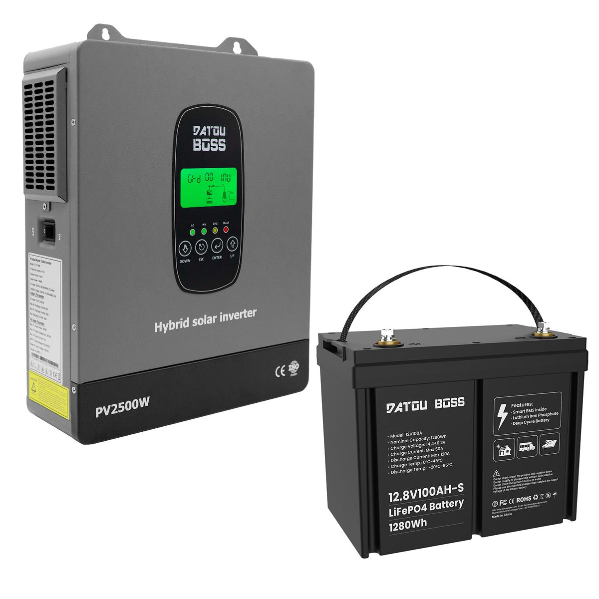 DATOUBOSS 12VDC–230VAC 1800W 1.28kWh 100Ah Power Kit, Hybrid Inverter with Built-in MPPT Controller & 12V 100Ah LiFePO4 Battery, Smart BMS Protection, for RV & Home Backup - DATOUBOSSSP-DT-12V100A-S01-1218M-EU