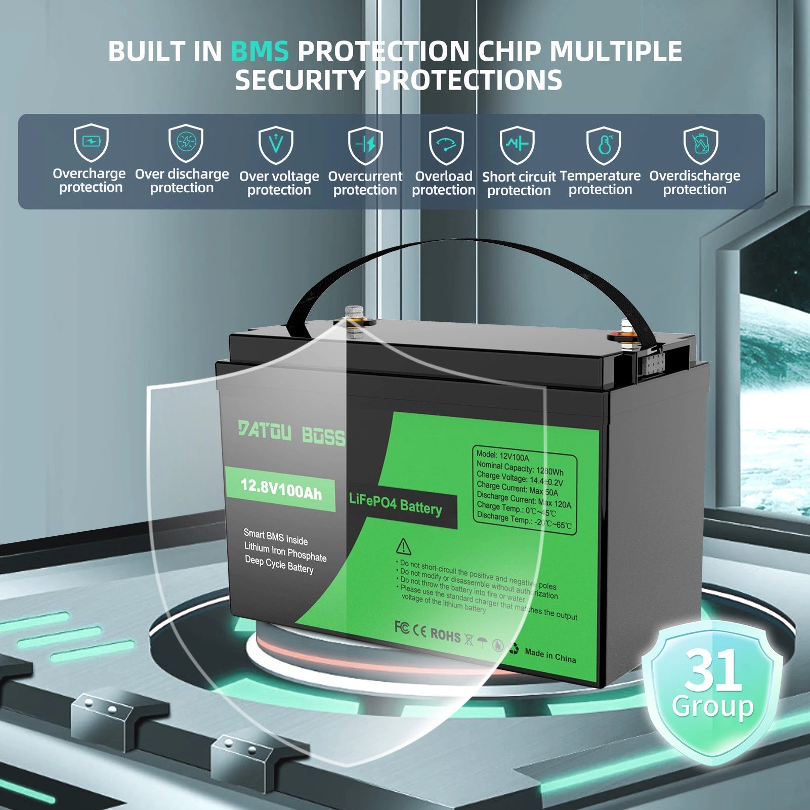 DATOUBOSS 100Ah LiFePO4 battery with built-in smart BMS protection chip for overcharge and short circuit safety