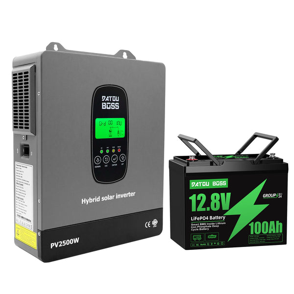 DATOUBOSS 12VDC–230VAC 1800W 1.28kWh 100Ah Power Kit, Hybrid Inverter with Built - in MPPT Controller & 12V 100Ah LiFePO4 Battery Smart BMS Protection Ideal for Off - Grid Cabins, Outdoor Adventures, RVs, and Overlanding Vehicles - DATOUBOSS Rechargeable Lifepo4 Batteries Voltage Converters InverterSP-DT-1218M-12V100A-B-EU