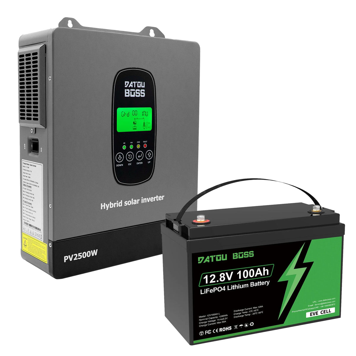 DATOUBOSS 12VDC–230VAC 1800W 1.28kWh 100Ah Power Kit, Hybrid Inverter with Built-in MPPT Controller & 12V 100Ah LiFePO4 EVE Battery, Smart BMS Protection, for RV & Home Backup - DATOUBOSSSP-DT-12V100A-L01-1218M-EU