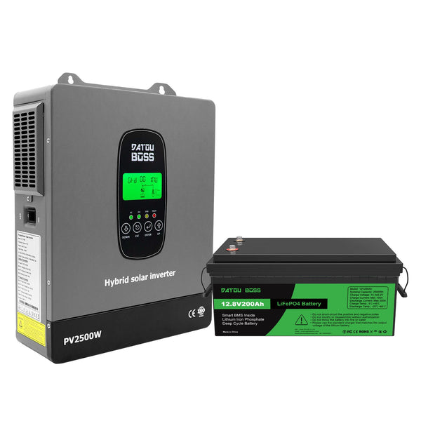 DATOUBOSS 12VDC–230VAC 1800W 200Ah Power Kit Hybrid Inverter with Built - in MPPT Controller & 12V 200Ah LiFePO4 Battery Smart BMS Protection High Efficiency for Home Energy Storage RV Outdoor Camping Off - Grid Cabin Backup Power System - DATOUBOSS Rechargeable Lifepo4 Batteries Voltage Converters InverterSP-DT-1218M-12V200A-A-EU