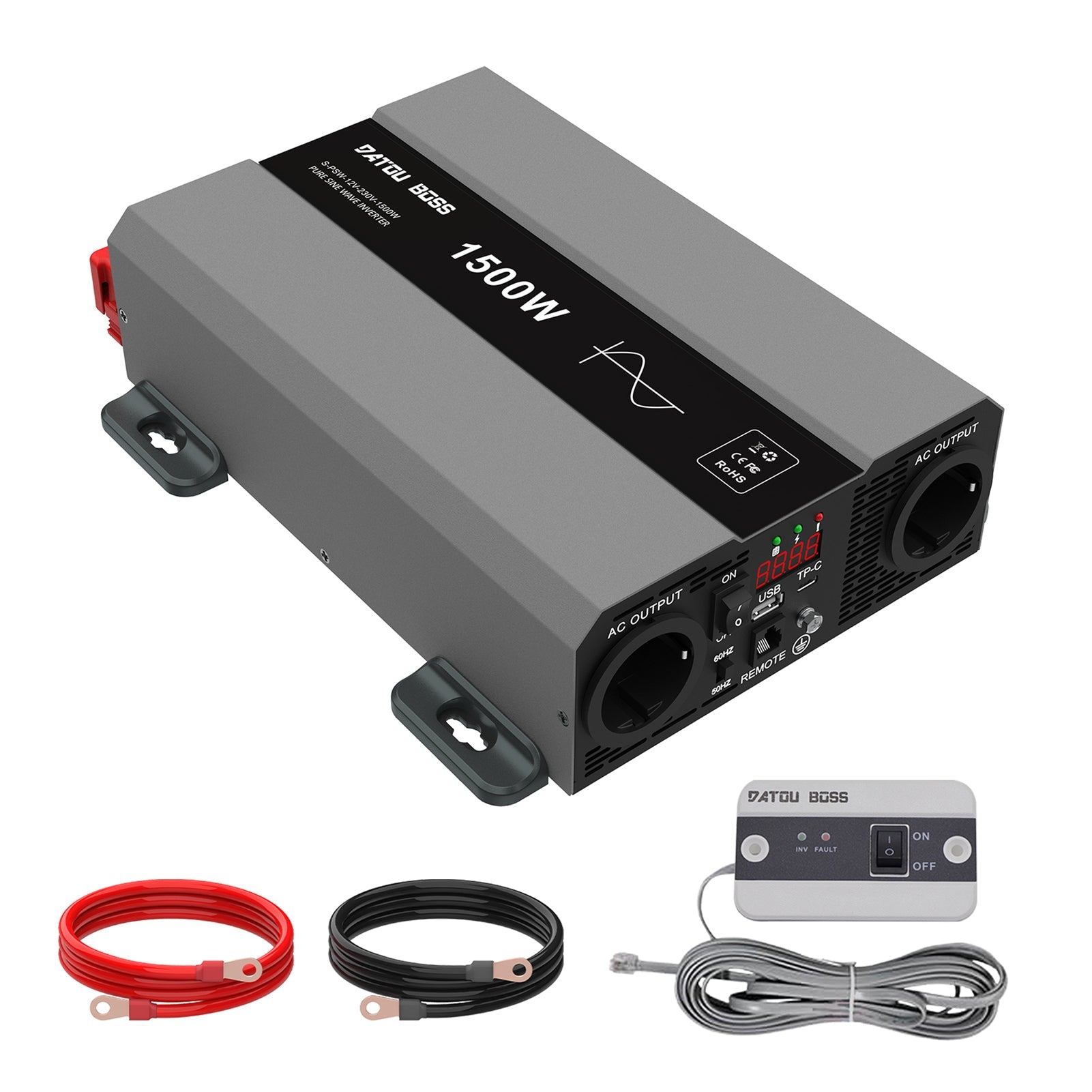 DATOUBOSS 1500W inverter kit, includes battery cables and remote control switch for off-grid power systems