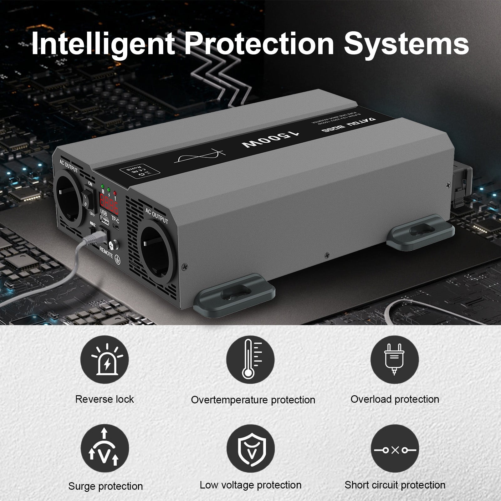 DATOUBOSS 1500W pure sine wave inverter with overload, short circuit, and overtemperature protection for safety