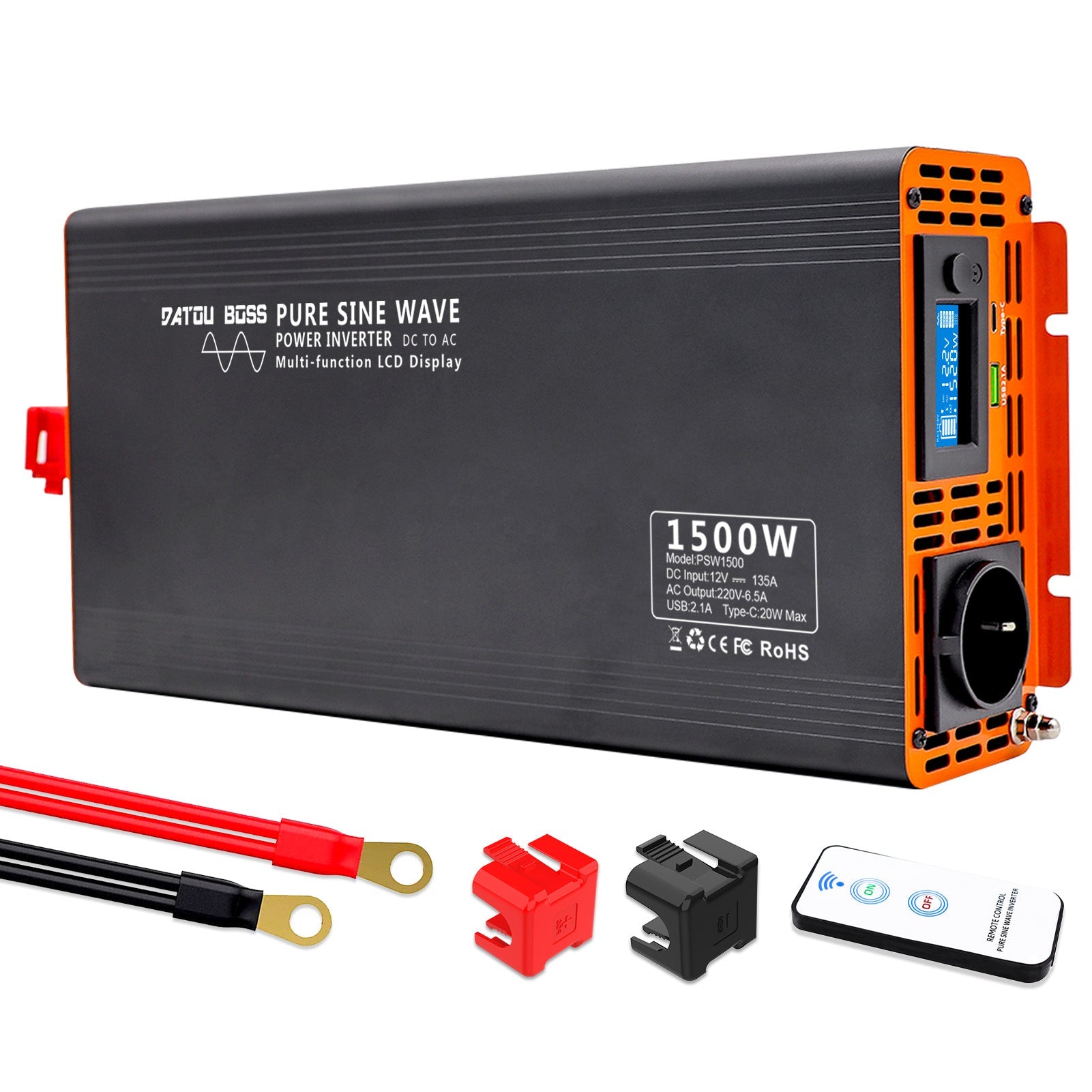 DATOUBOSS 1500W pure sine wave inverter with multi-function LCD display, remote control, and battery cables