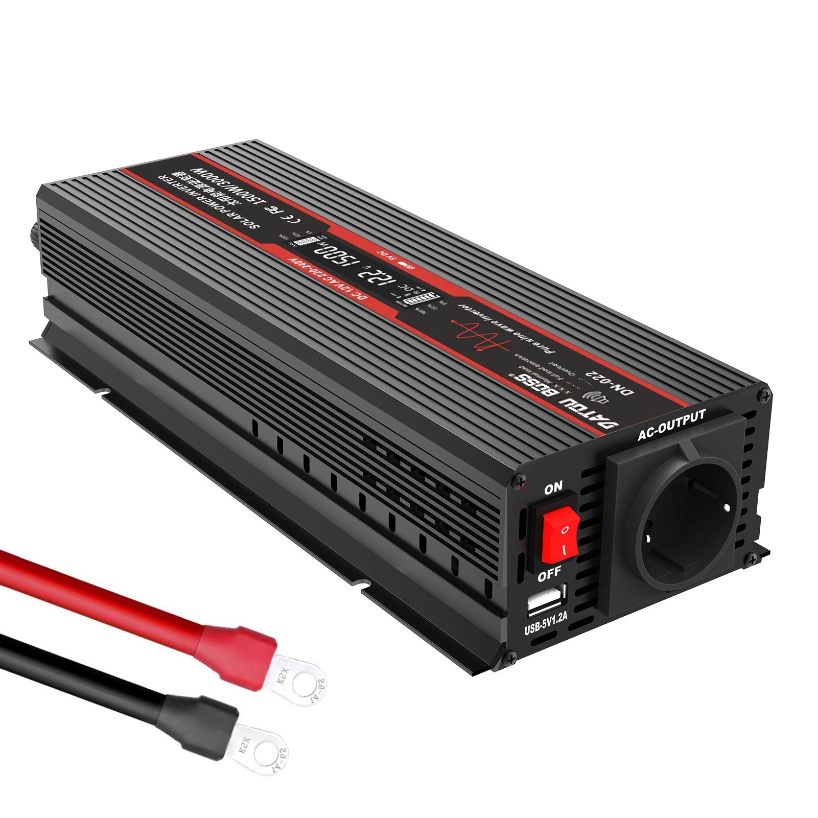 DATOUBOSS 1500W Pure Sine Wave Inverter, DC 12V to AC 220V-240V, Power Converter with LCD Display & Battery Cables