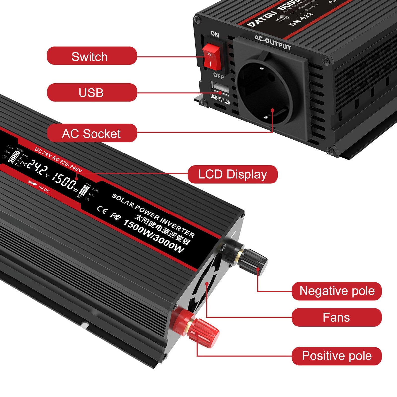 DATOU BOSS 1500W/3000W solar inverter diagram with labels for switch, USB, AC socket, LCD display, and binding posts