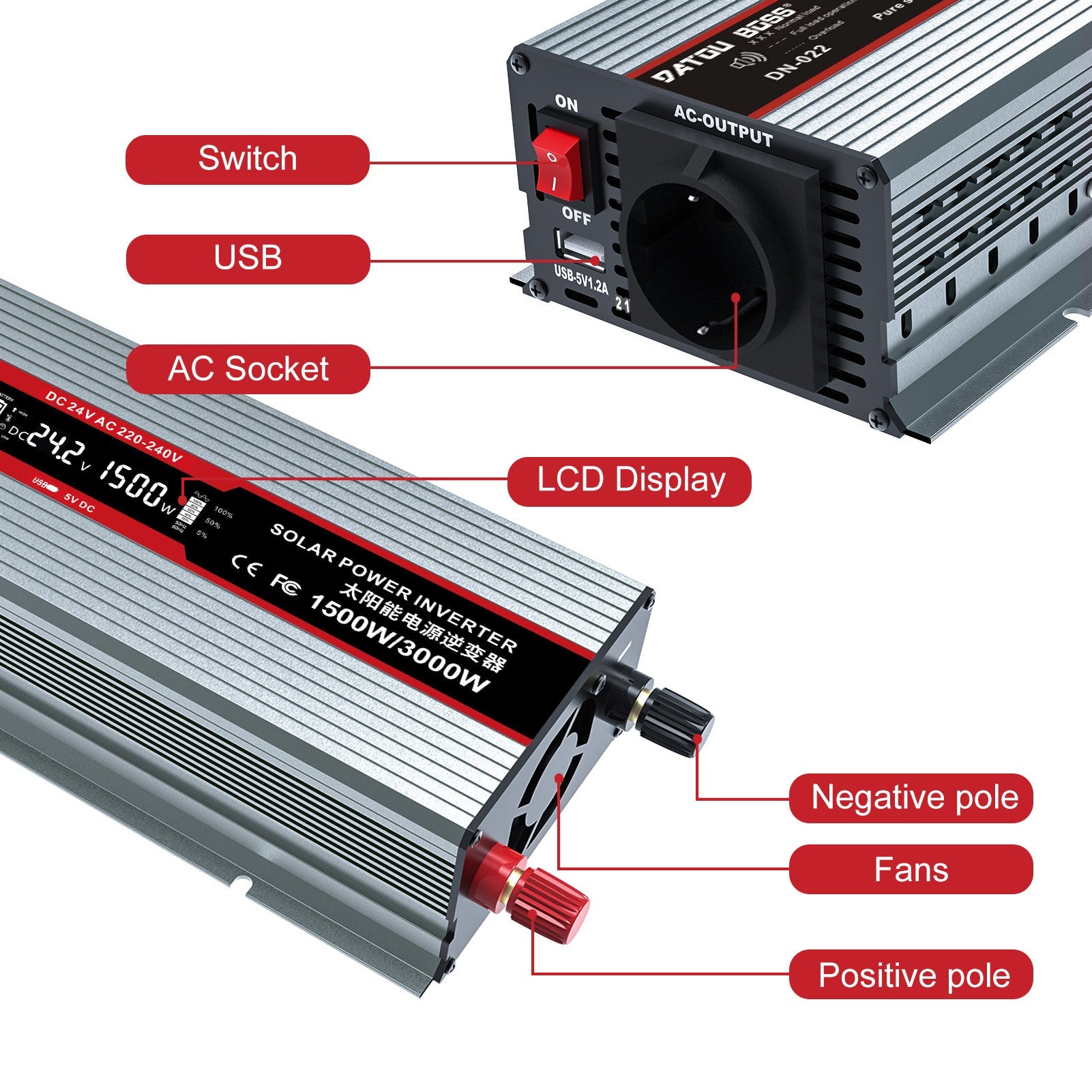DATOUBOSS 1500W/3000W 24V Pure Sine Wave Inverter with LCD display, AC socket, USB port, and dual cooling fans