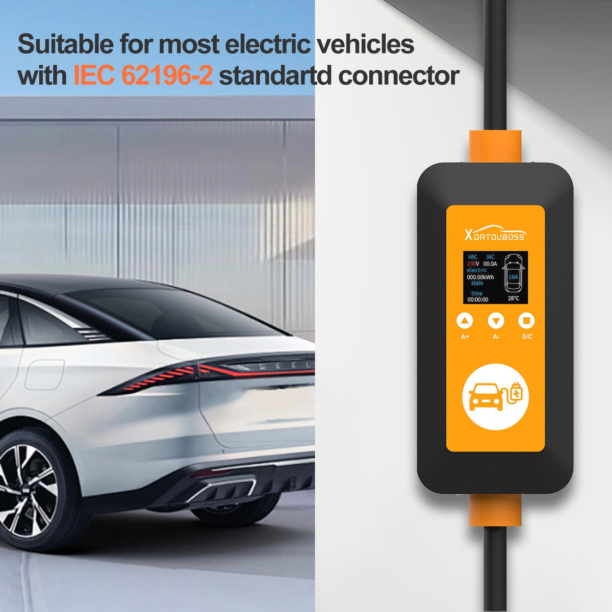 DATOUBOSS 16A 3.5KW Portable EV Charger Type 2 with Schuko Plug | 8-16A Adjustable, IP66 Waterproof Mobile Charging Station for IEC 62196-2 EVs - DATOUBOSSSP-EVCDQ16A3.5KW-01-EU