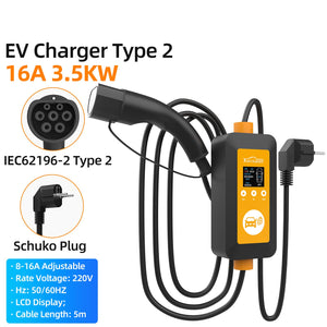 DATOUBOSS 16A 3.5KW Portable EV Charger Type 2 with Schuko Plug | 8-16A Adjustable, IP66 Waterproof Mobile Charging Station for IEC 62196-2 EVs - DATOUBOSSSP-EVCDQ16A3.5KW-01-EU