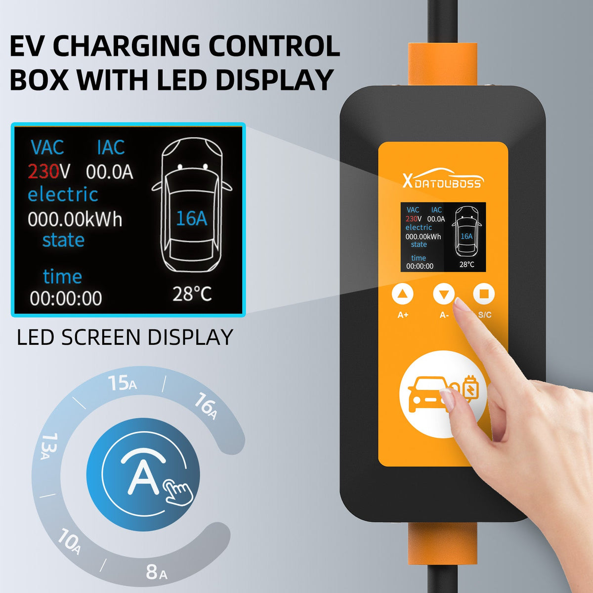 DATOUBOSS 16A 3.5KW Portable EV Charger Type 2 with Schuko Plug | 8-16A Adjustable, IP66 Waterproof Mobile Charging Station for IEC 62196-2 EVs - DATOUBOSSSP-EVCDQ16A3.5KW-01-EU