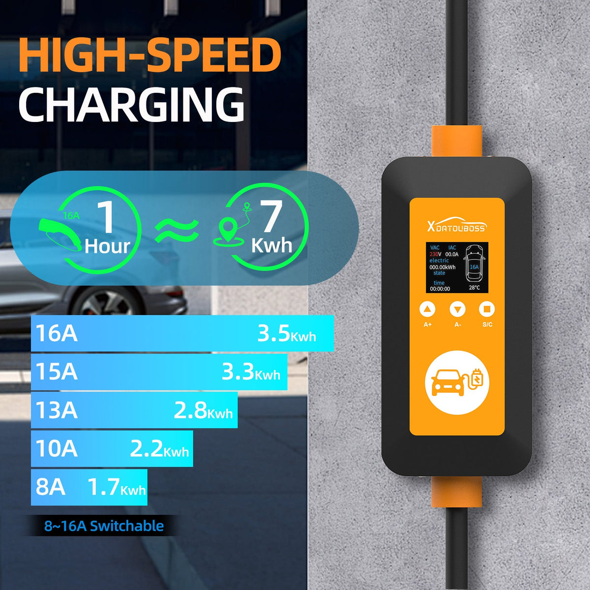 DATOUBOSS 16A 3.5KW Portable EV Charger Type 2 with Schuko Plug | 8-16A Adjustable, IP66 Waterproof Mobile Charging Station for IEC 62196-2 EVs - DATOUBOSSSP-EVCDQ16A3.5KW-01-EU