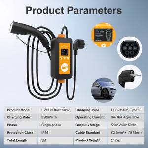DATOUBOSS 16A 3.5KW Portable EV Charger Type 2 with Schuko Plug | 8-16A Adjustable, IP66 Waterproof Mobile Charging Station for IEC 62196-2 EVs - DATOUBOSSSP-EVCDQ16A3.5KW-01-EU