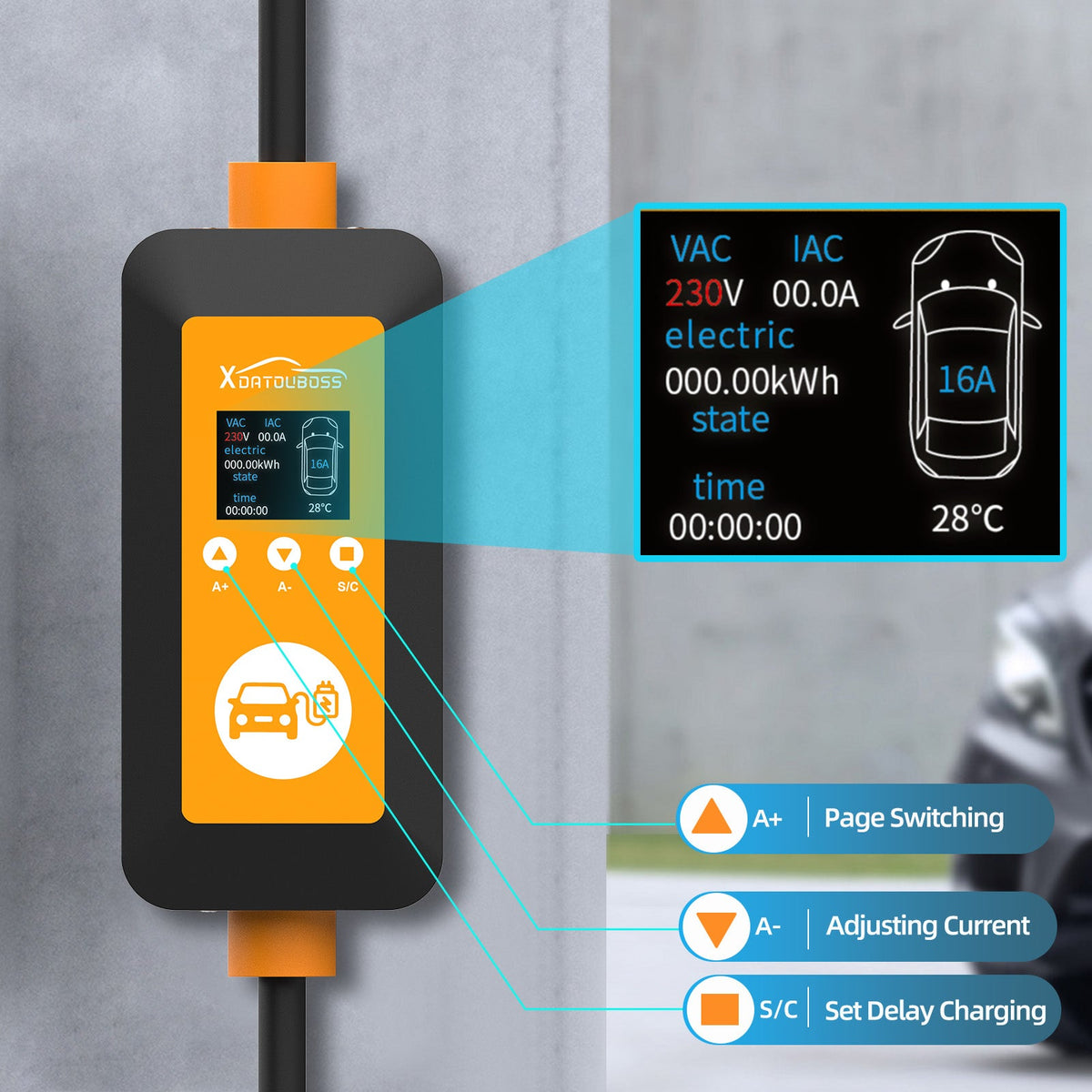 DATOUBOSS 16A 3.5KW Portable EV Charger Type 2 with Schuko Plug | 8-16A Adjustable, IP66 Waterproof Mobile Charging Station for IEC 62196-2 EVs - DATOUBOSSSP-EVCDQ16A3.5KW-01-EU