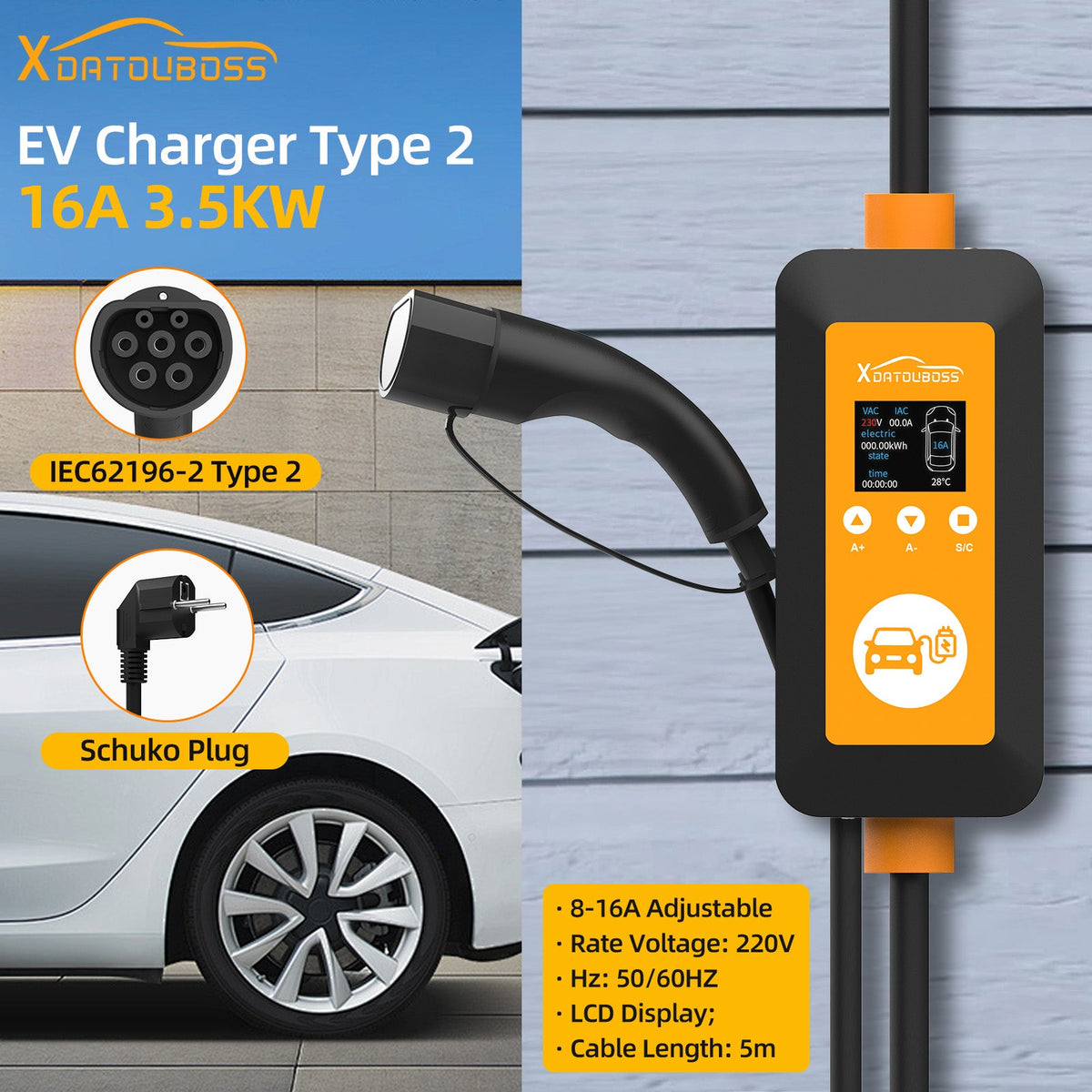 DATOUBOSS 16A 3.5KW Portable EV Charger Type 2 with Schuko Plug | 8-16A Adjustable, IP66 Waterproof Mobile Charging Station for IEC 62196-2 EVs - DATOUBOSSSP-EVCDQ16A3.5KW-01-EU