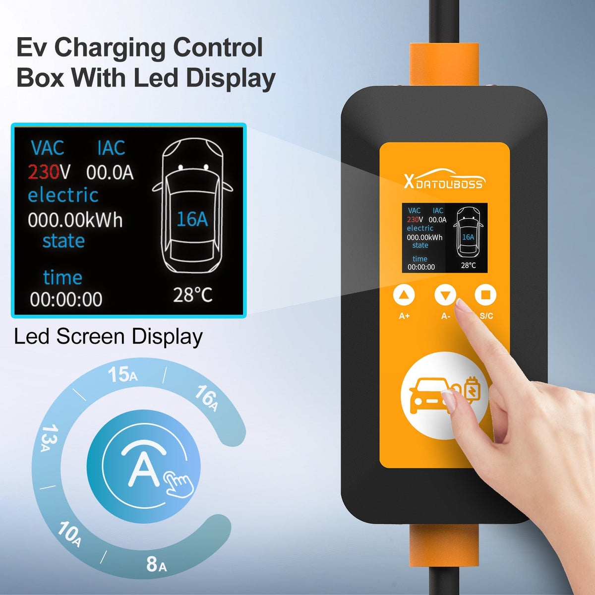 DATOUBOSS 16A 3.5KW Portable EV Charger Type 2 with Schuko Plug | 8-16A Adjustable, IP66 Waterproof Mobile Charging Station for IEC 62196-2 EVs - DATOUBOSSSP-EVCDQ16A3.5KW-01-EU