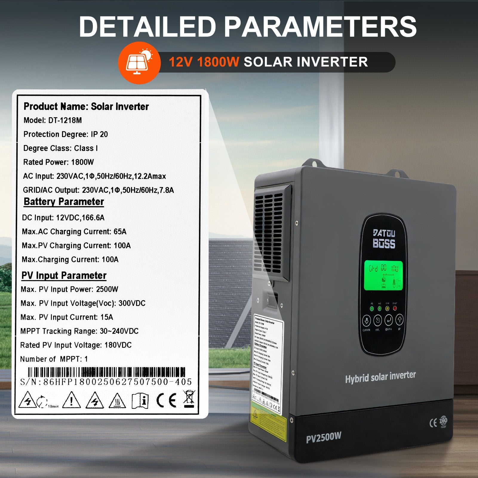 DATOUBOSS 1800W solar hybrid inverter specifications, IP20 protection, CE certified with MPPT tracking