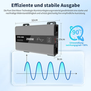 DATOUBOSS 2000W pure sine wave inverter dimensions: 32x19x8cm with over 90% conversion efficiency