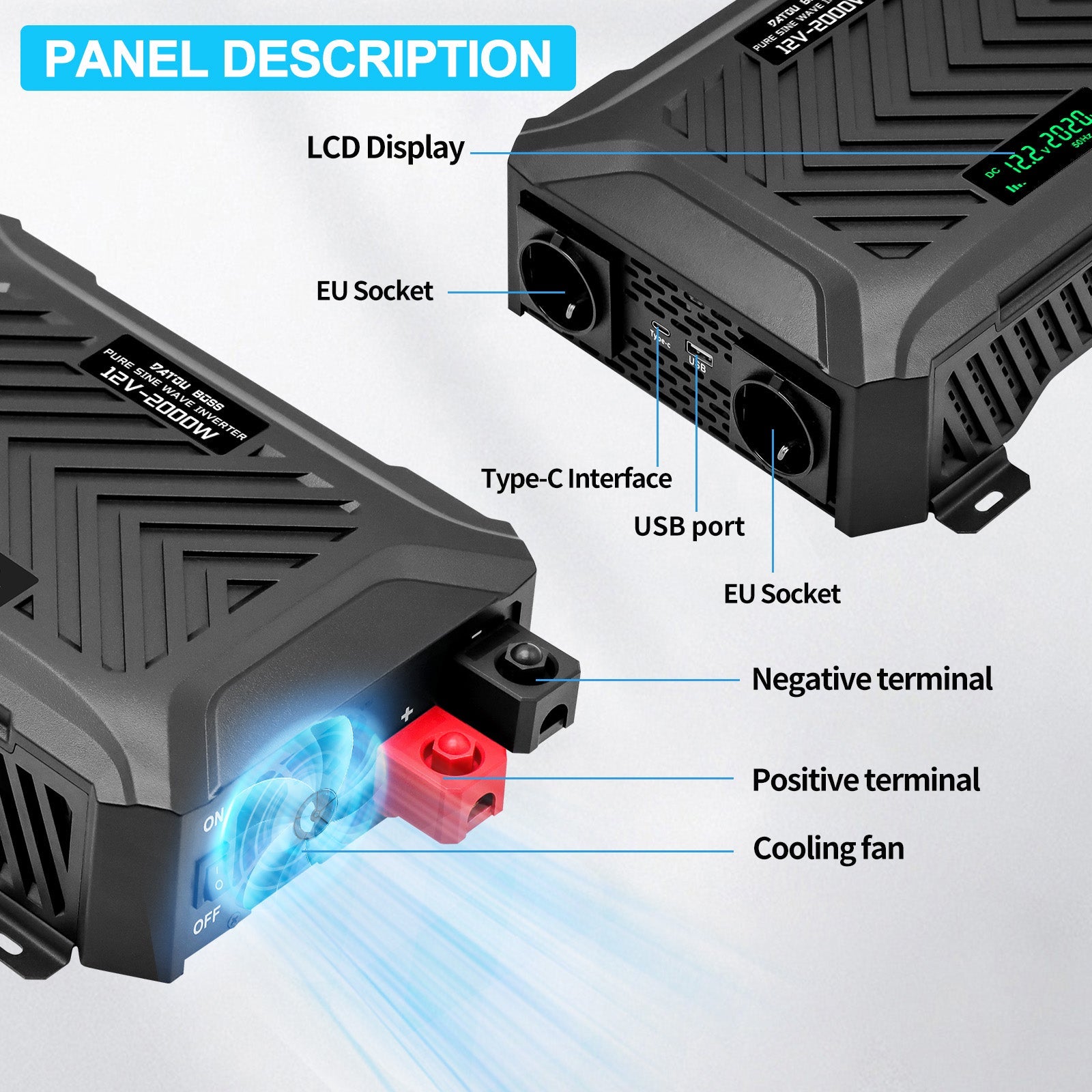 DATOUBOSS 2000W Pure Sine Wave Inverter, 12V to 230V AC Voltage Converter, Peak Power 4000W Peak Power, with Intelligent Detection System & LCD Display & 2 EU Socket - DATOUBOSS Rechargeable Lifepo4 Batteries Voltage Converters InverterSP-DT-PSWE2000W-12V-A-UA