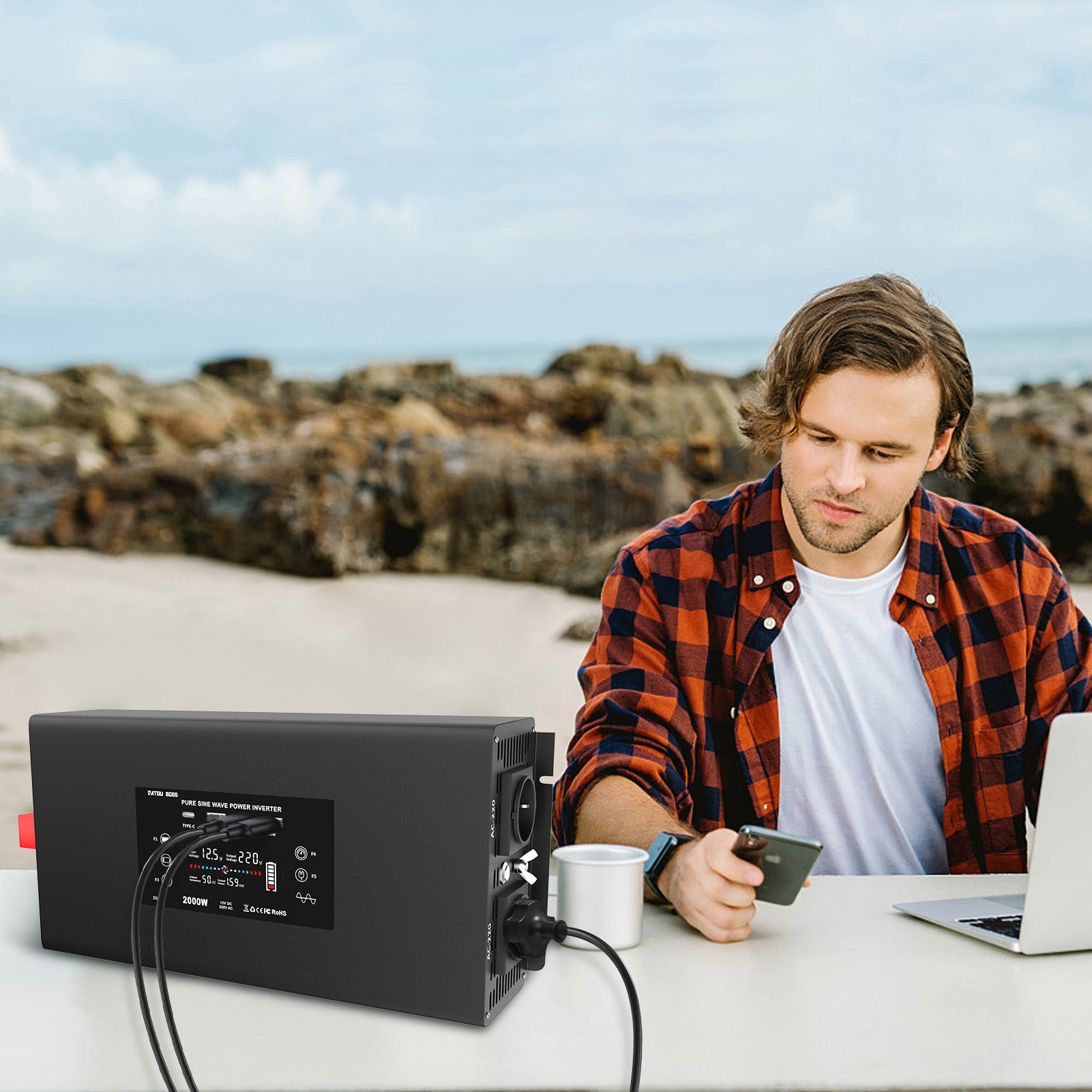 DATOUBOSS 2000W Pure Sine Wave Inverter, 12V to 230V AC Voltage Converter, Peak Power 4000W with Remote Control 2 EU Sockets, 3 USB, 1 Type - C Converter Voltage Converter for Car, Motorhome - DATOUBOSS Rechargeable Lifepo4 Batteries Voltage Converters InverterSP-DT-DN03-2000W-12V-A-EU