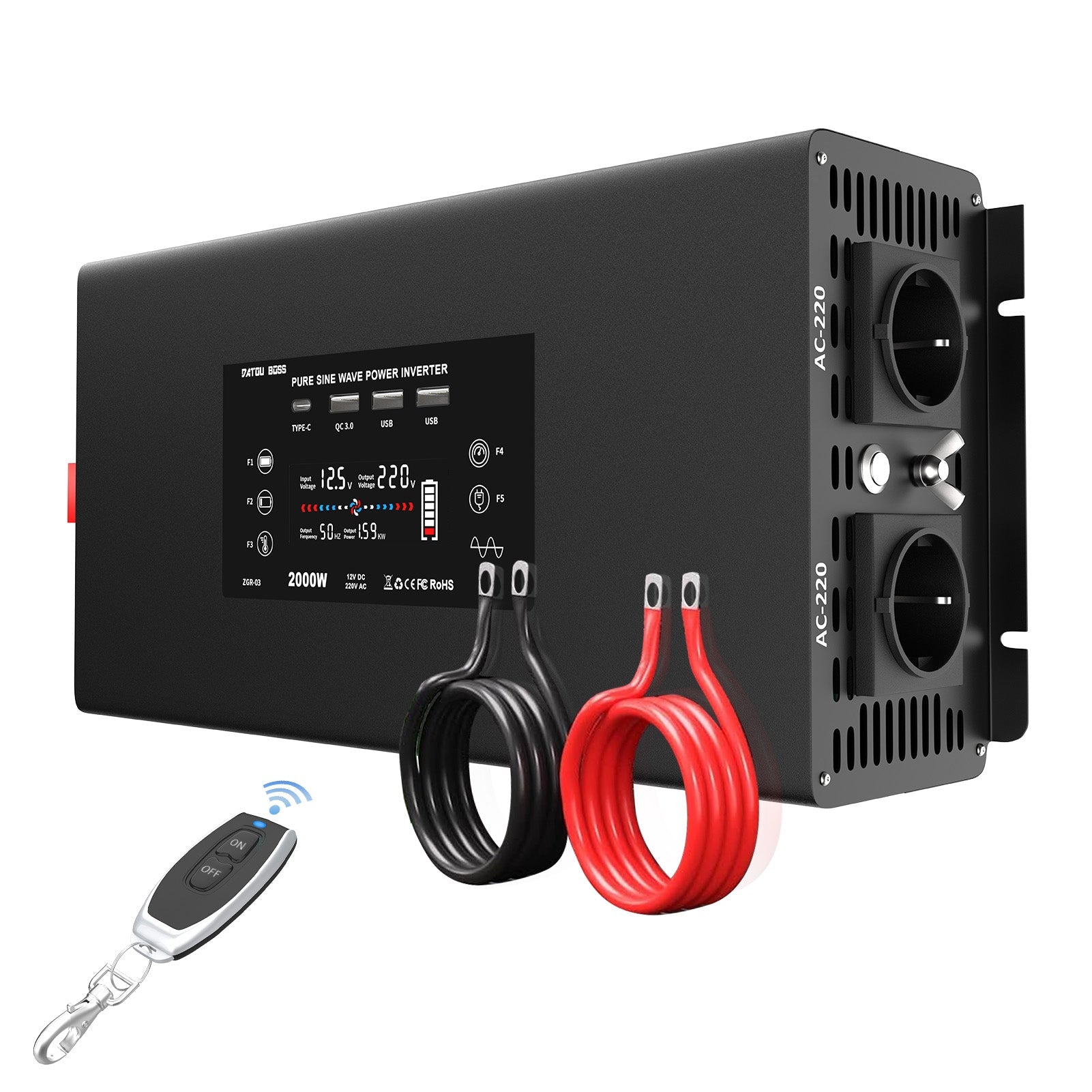 DATOUBOSS 2000W Pure Sine Wave Inverter, 12V to 230V AC Voltage Converter, Peak Power 4000W with Remote Control 2 EU Sockets, 3 USB, 1 Type - C Converter Voltage Converter for Car, Motorhome - DATOUBOSS Rechargeable Lifepo4 Batteries Voltage Converters InverterSP-DT-DN03-2000W-12V-A-EU