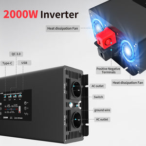 DATOUBOSS 2000W Pure Sine Wave Inverter, 12V to 230V AC Voltage Converter, Peak Power 4000W with Remote Control 2 EU Sockets, 3 USB, 1 Type - C Converter Voltage Converter for Car, Motorhome - DATOUBOSS Rechargeable Lifepo4 Batteries Voltage Converters InverterSP-DT-DN03-2000W-12V-A-EU