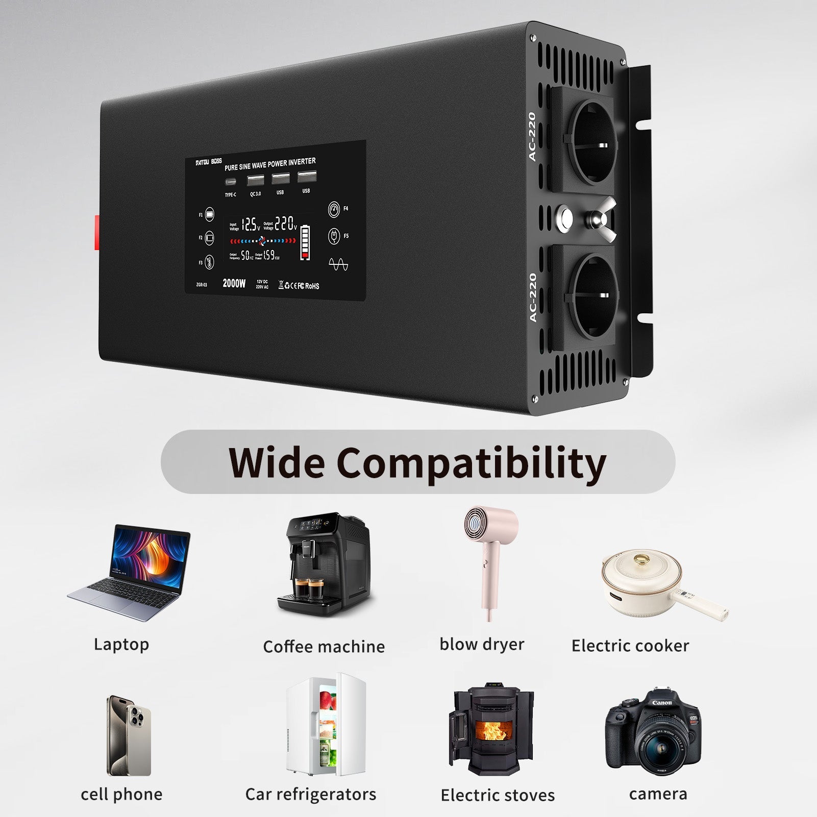 DATOUBOSS 2000W Pure Sine Wave Inverter, 12V to 230V AC Voltage Converter, Peak Power 4000W with Remote Control 2 EU Sockets, 3 USB, 1 Type - C Converter Voltage Converter for Car, Motorhome - DATOUBOSS Rechargeable Lifepo4 Batteries Voltage Converters InverterSP-DT-DN03-2000W-12V-A-EU