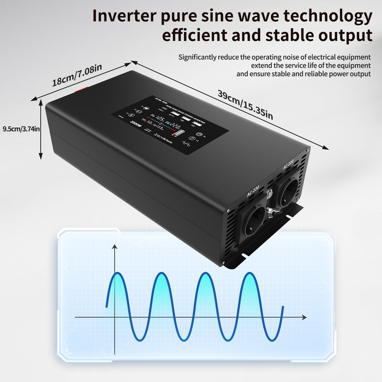DATOUBOSS 2000W Pure Sine Wave Inverter, 12V to 230V AC Voltage Converter, Peak Power 4000W with Remote Control 2 EU Sockets, 3 USB, 1 Type - C Converter Voltage Converter for Car, Motorhome - DATOUBOSS Rechargeable Lifepo4 Batteries Voltage Converters InverterSP-DT-DN03-2000W-12V-A-EU