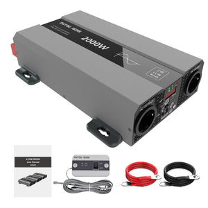 DATOUBOSS 2000W gray inverter featuring dual AC outlets, LED digital display, and red positive terminal