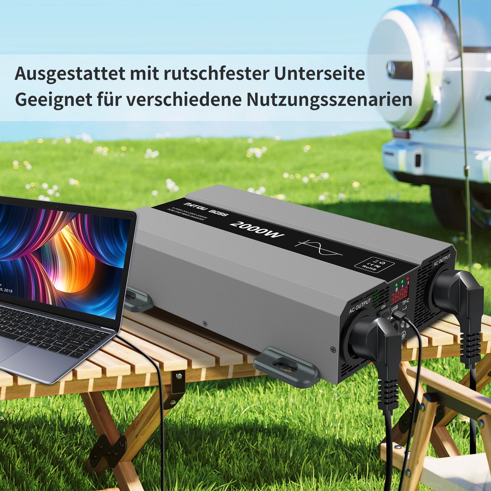 DATOUBOSS 2000W pure sine wave inverter used for outdoor camping, powering laptops and multiple devices
