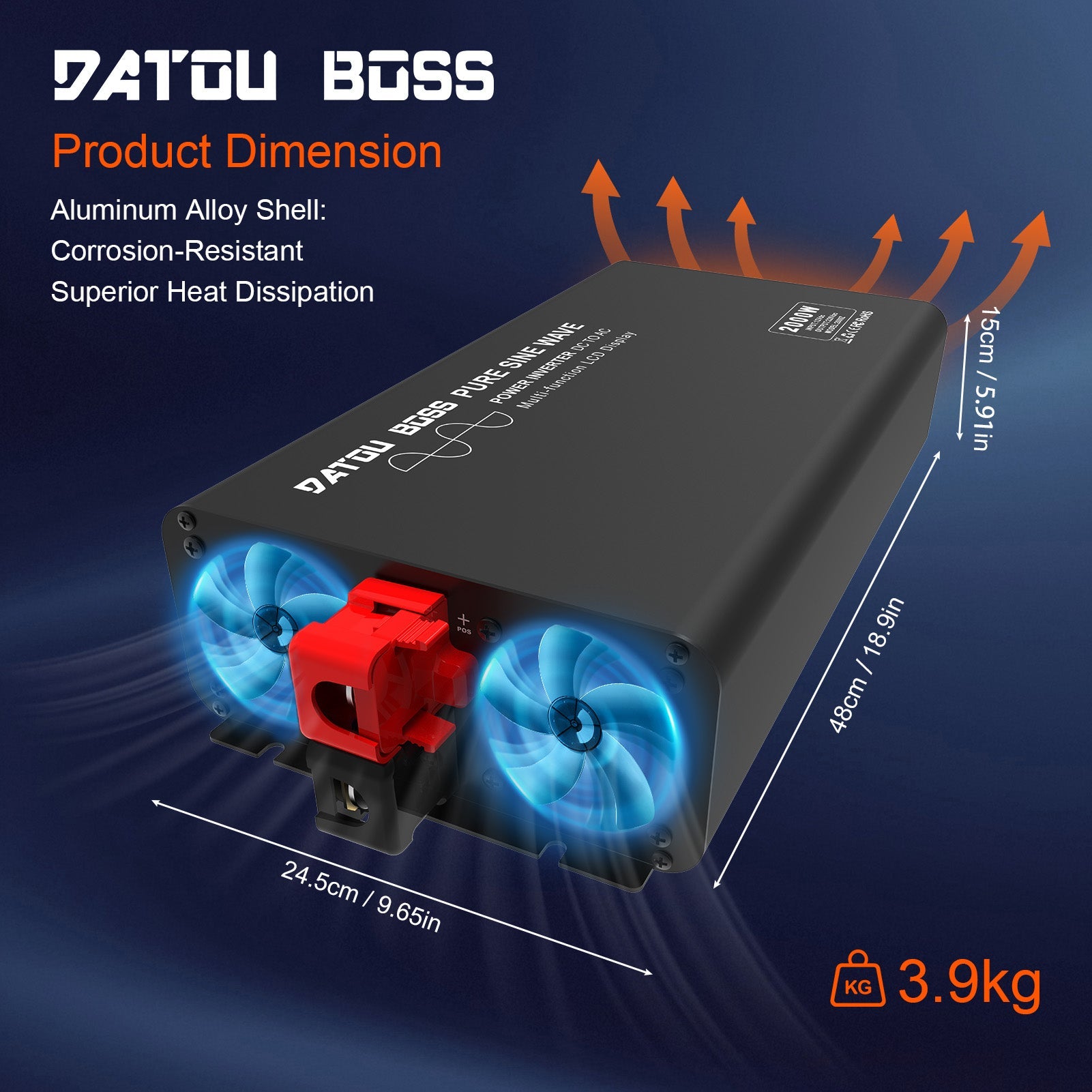 DATOUBOSS 2000W inverter dimensions, 48x24.5x15 cm, 3.9kg weight, with aluminum alloy shell