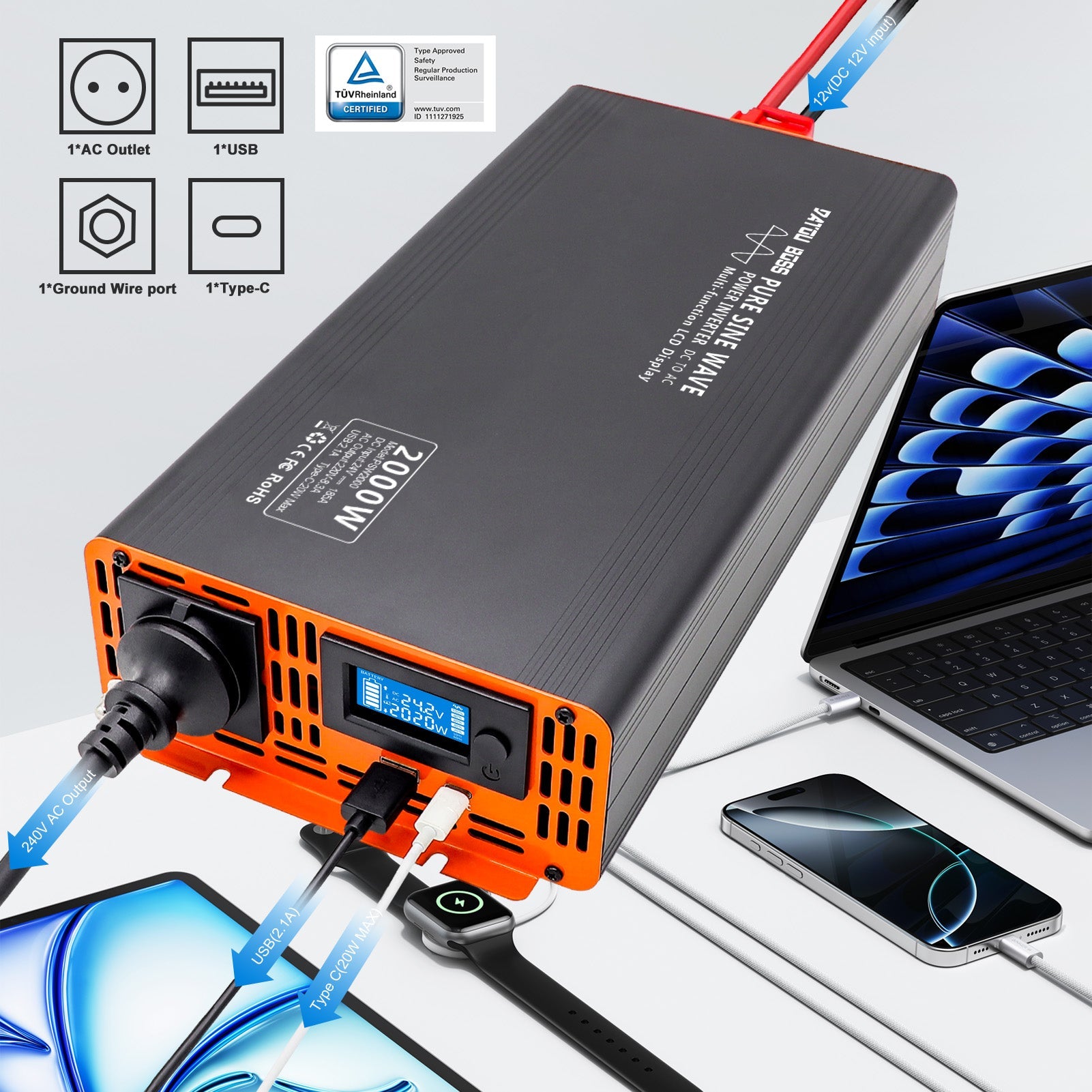 DATOUBOSS 2000W Pure Sine Wave Inverter with AC Outlet, USB 2.1A & Type-C 20W, Power Laptop, Tablet & Phone Simultaneously