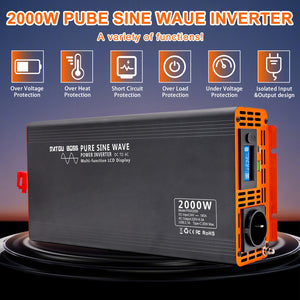 DATOUBOSS 2000W pure sine wave inverter with multiple smart protections including overvoltage, overheat, and short circuit