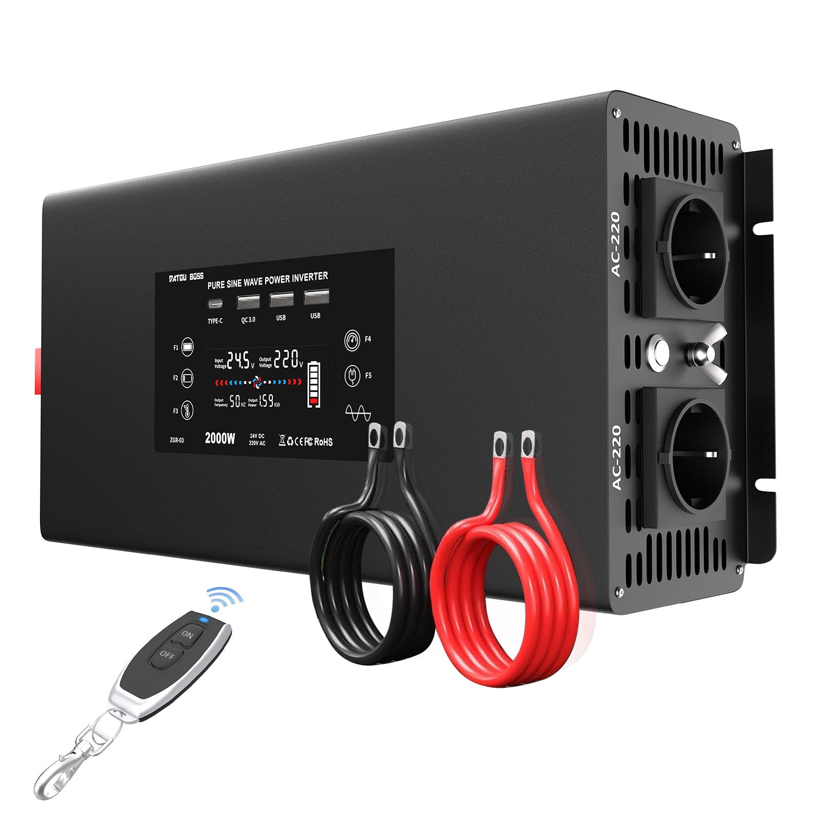 DATOUBOSS 2000W Pure Sine Wave Inverter, 24V to 230V AC Voltage Converter, Peak Power 4000W with Remote Control 2 EU Sockets, 3 USB, 1 Type - C Converter Voltage Converter for Car, Motorhome - DATOUBOSS Rechargeable Lifepo4 Batteries Voltage Converters InverterSP-DT-DN03-2000W-24V-A-EU