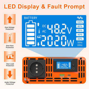 DATOUBOSS 2000W Pure Sine Wave Inverter, 48V to 230V AC Voltage Converter, Peak Power 4000W with 1 EU Socket, LCD Screen, 1 Type - C and 1 USB Ports for Household Appliances, Motorhome Car, Truck - DATOUBOSS Rechargeable Lifepo4 Batteries Voltage Converters InverterSP-DT-PSW2000W-48V-A-EU