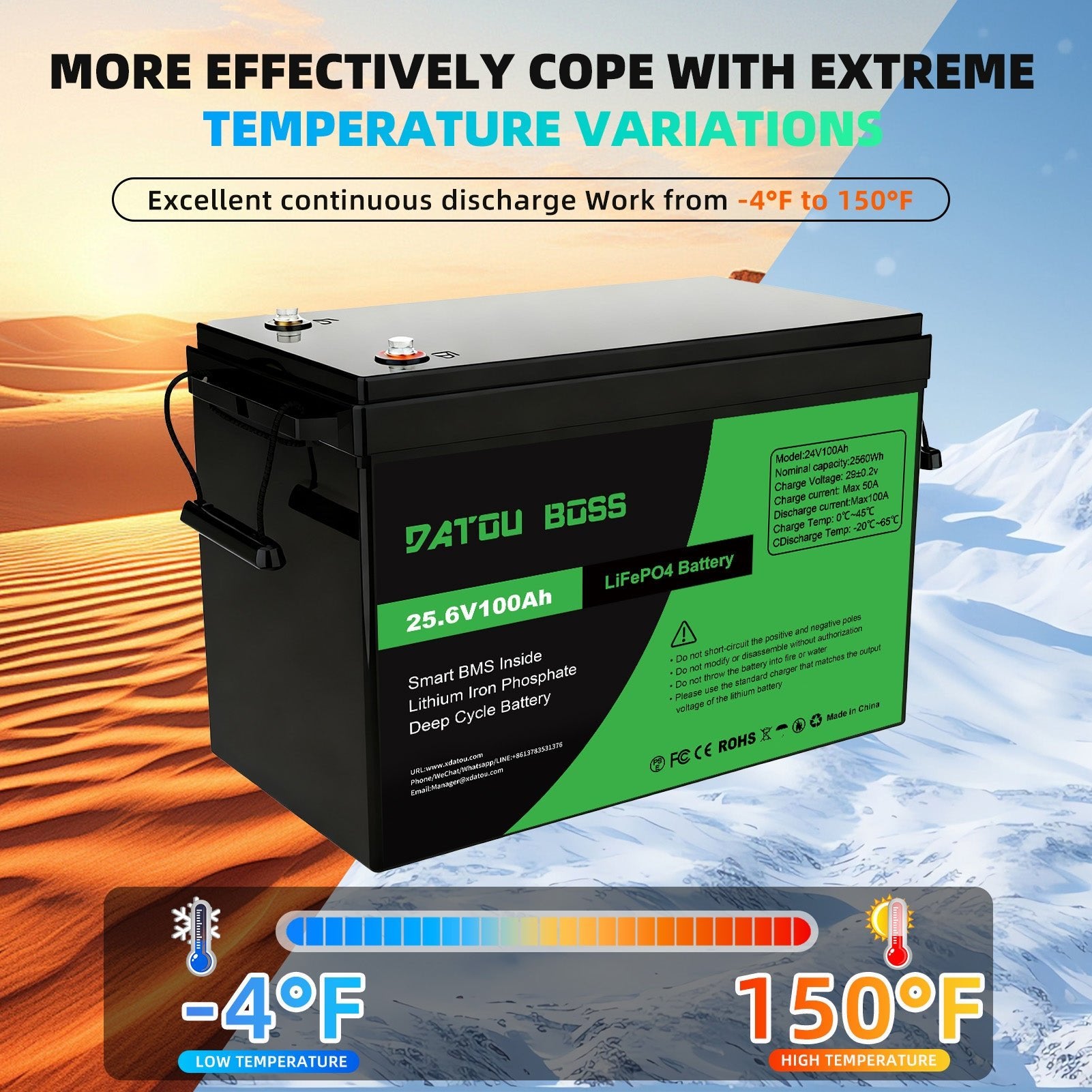 DATOUBOSS 24V 100Ah lithium battery, working from -4°F to 150°F extreme temperature variations