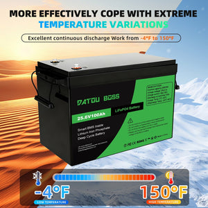 DATOUBOSS 24V 100Ah lithium battery, working from -4°F to 150°F extreme temperature variations