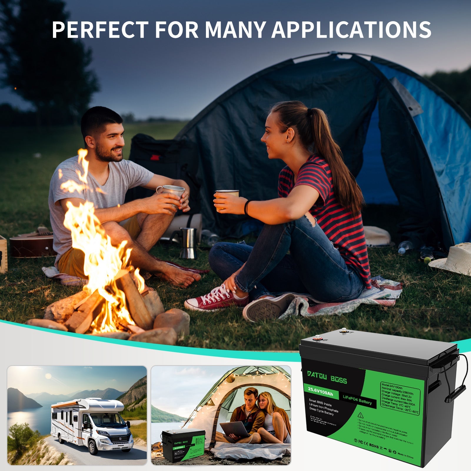 DATOUBOSS deep cycle lithium battery with smart BMS for outdoor camping, data centers, and solar storage